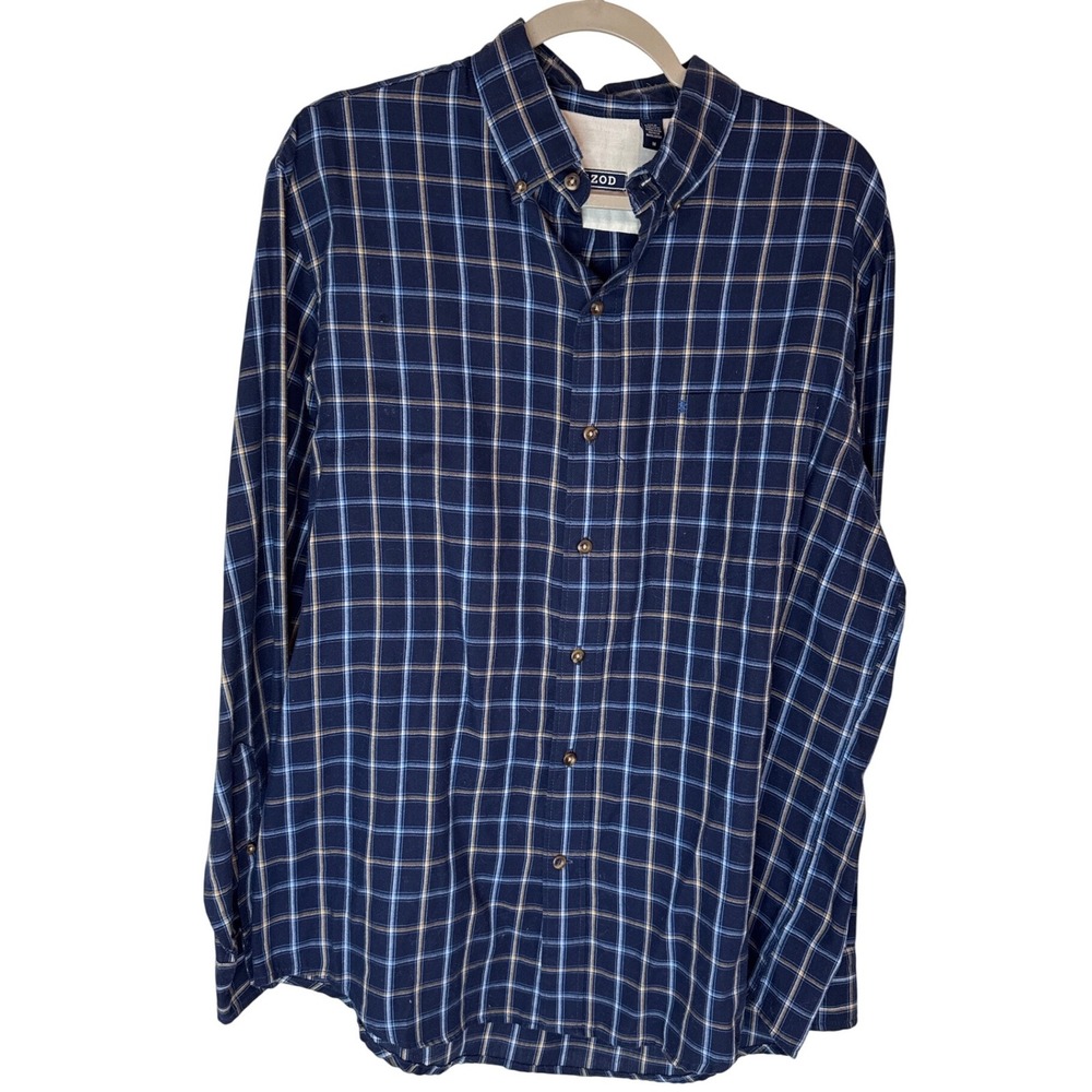 IZOD Mens Classic Fit Long Sleeve Plaid Button Down Shirt‎ Blue Tan Size M